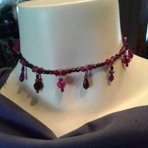 Vintage  Beaded Choker  Deep Red Beads and copper  Colored Metal  Beads